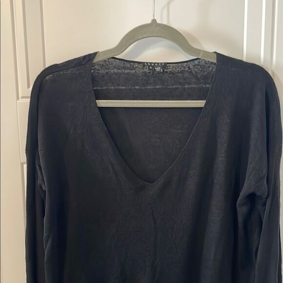 Theory Randelle Sag Harbor Linen Blend Black V-Neck Women's Top - Picture 3 of 7